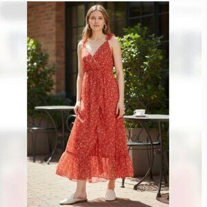 NWT Madewell Ruffle Strap Wrap Midi Maxi Prairie  Dress Red